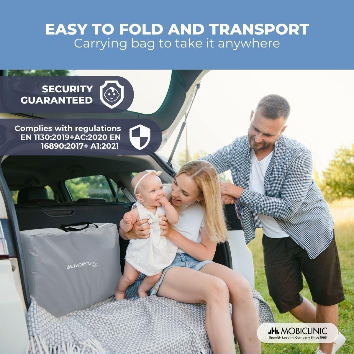 Image showing the Mobiclinic Moon Bedside Sleeper folded and stored in a car trunk with a carrying bag