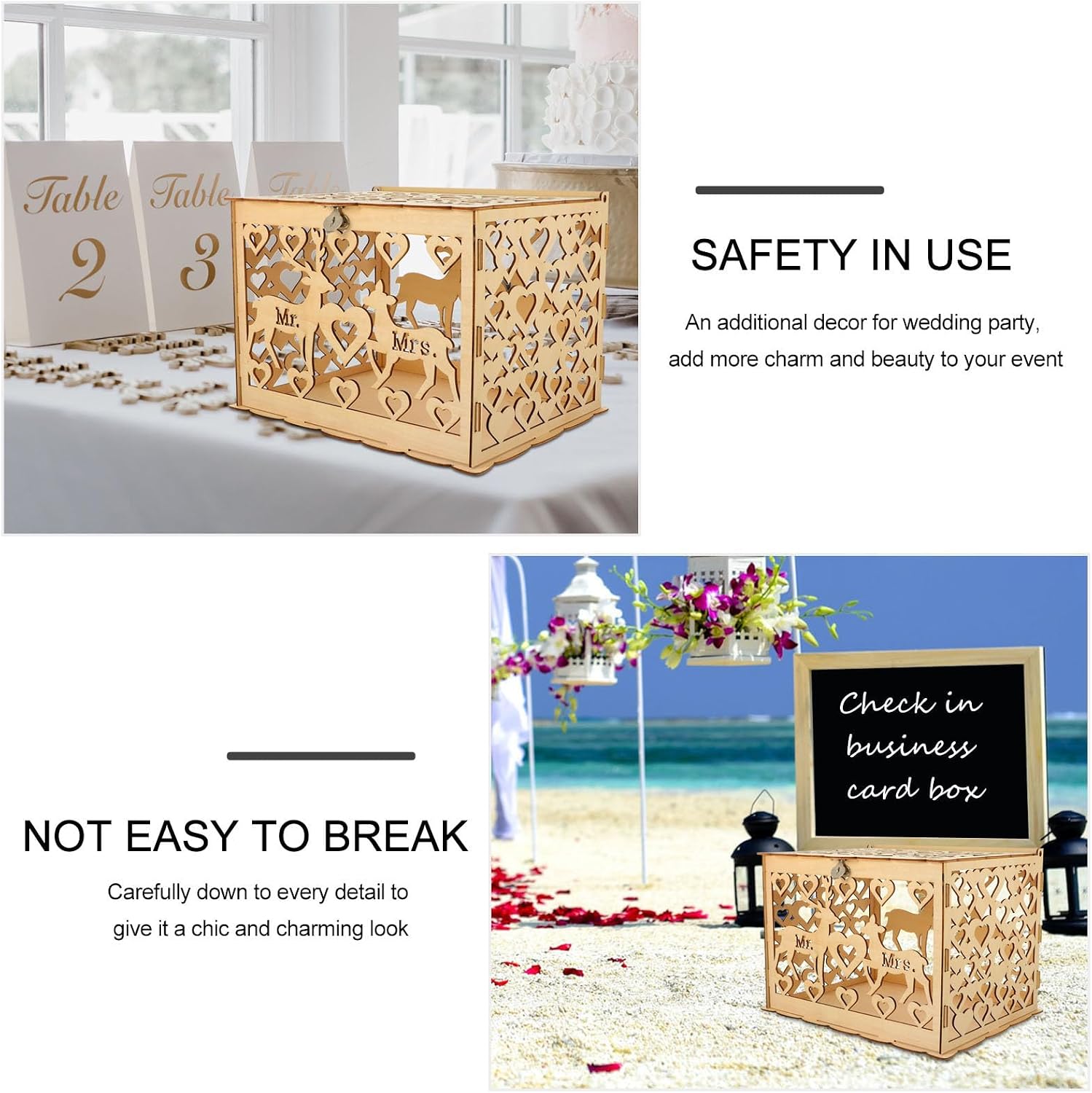 Wedding Envelope Box Large Wooden Hollow Card Holder Money Cards Case for Wedding Reception and Party Decorations