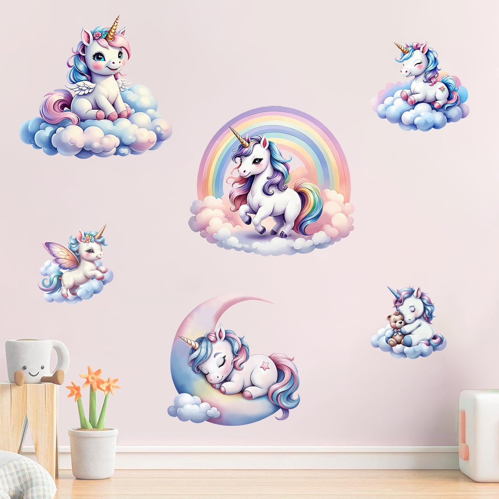 KAIRNE Wandtattoo Einhorn Regenbogen Mädchen Wandaufkleber Süßer Traum Einhorn Bunte Rosa Wanddeko für Kinderzimmer Mädchen Babyzimmer Heißluftballon Mond Wolken Wandsticker