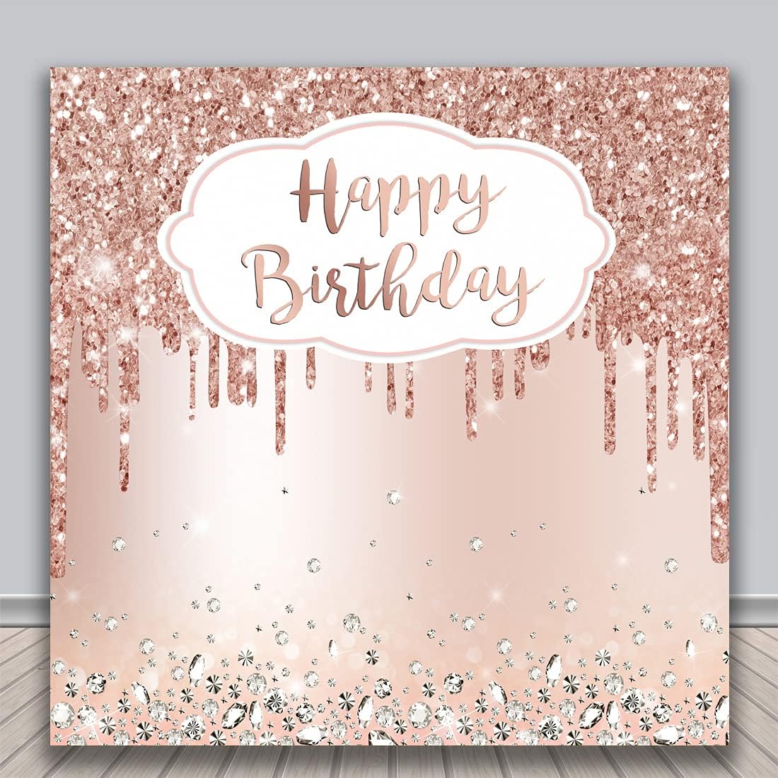 Lofaris Rose Golden Birthday Party Backdrop Glitter Diamonds （Not Gliiter Happy Birthday Background Girls Sweet 16 18th 21th Birthday Party Banner Photo Studio Props 8x8ft