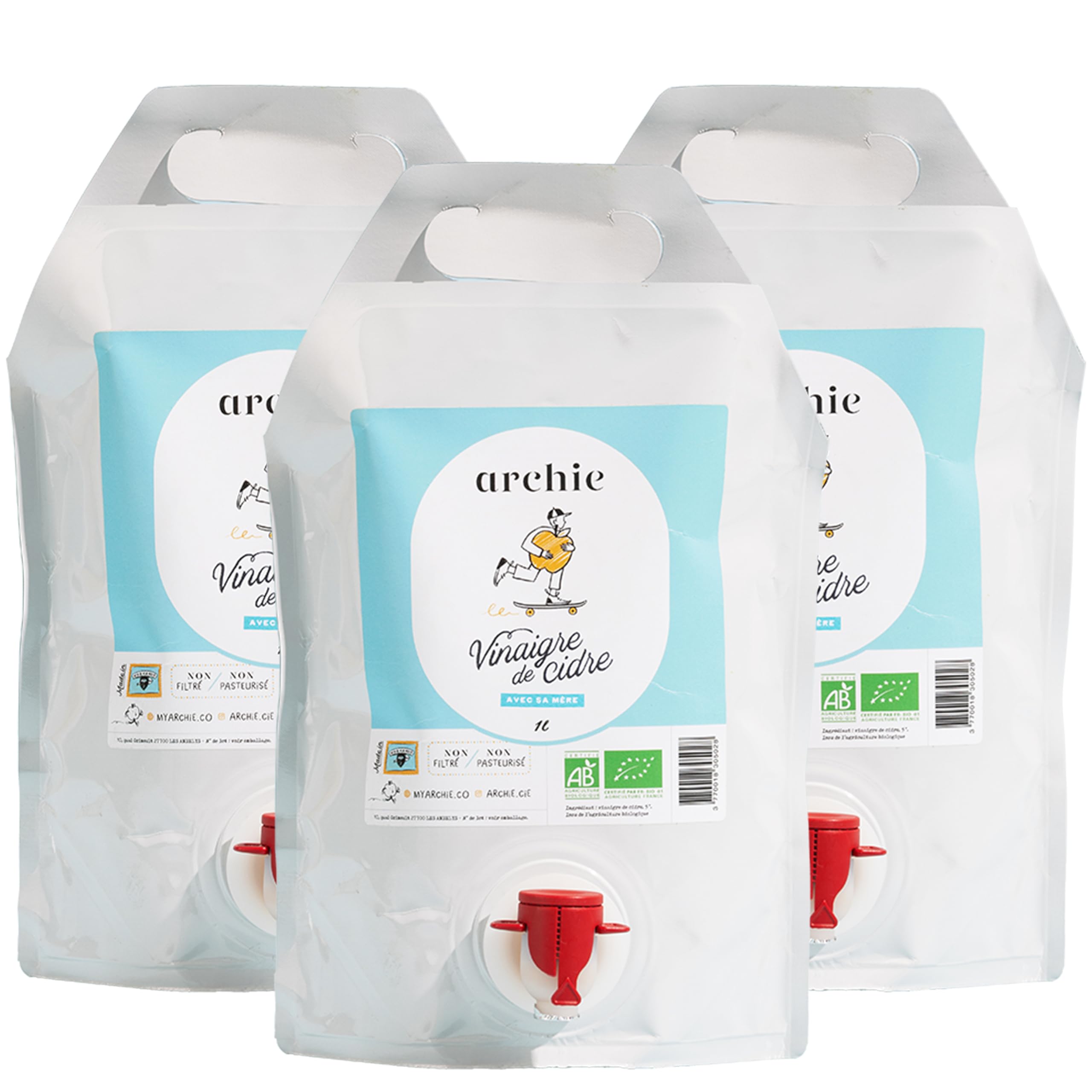 Archie, Pack Recharges Vinaigre de Cidre de pomme Biologique, 1L. Non filtré, non pasteurisé, avec la mère de vinaigre. Made in France, Normandie. Savoir-faire artisanal. Format Éco. 3 recharges.