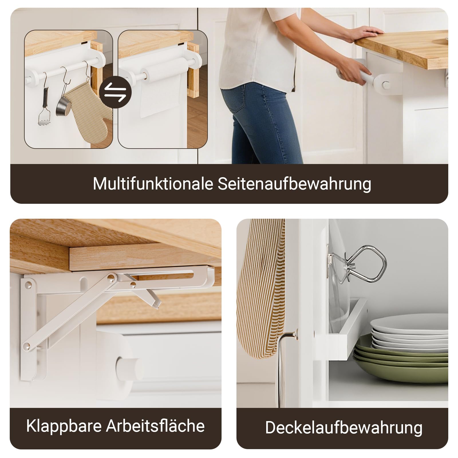 SoBuy Kücheninsel mit Rollen Küchenwagen mit Arbeitsplatte Klappbar Mobile Kücheninsel auf Rollen Kochinsel Freistehend mit Tisch Weiß 115x92x(46-71) cm FKW71-III-WN