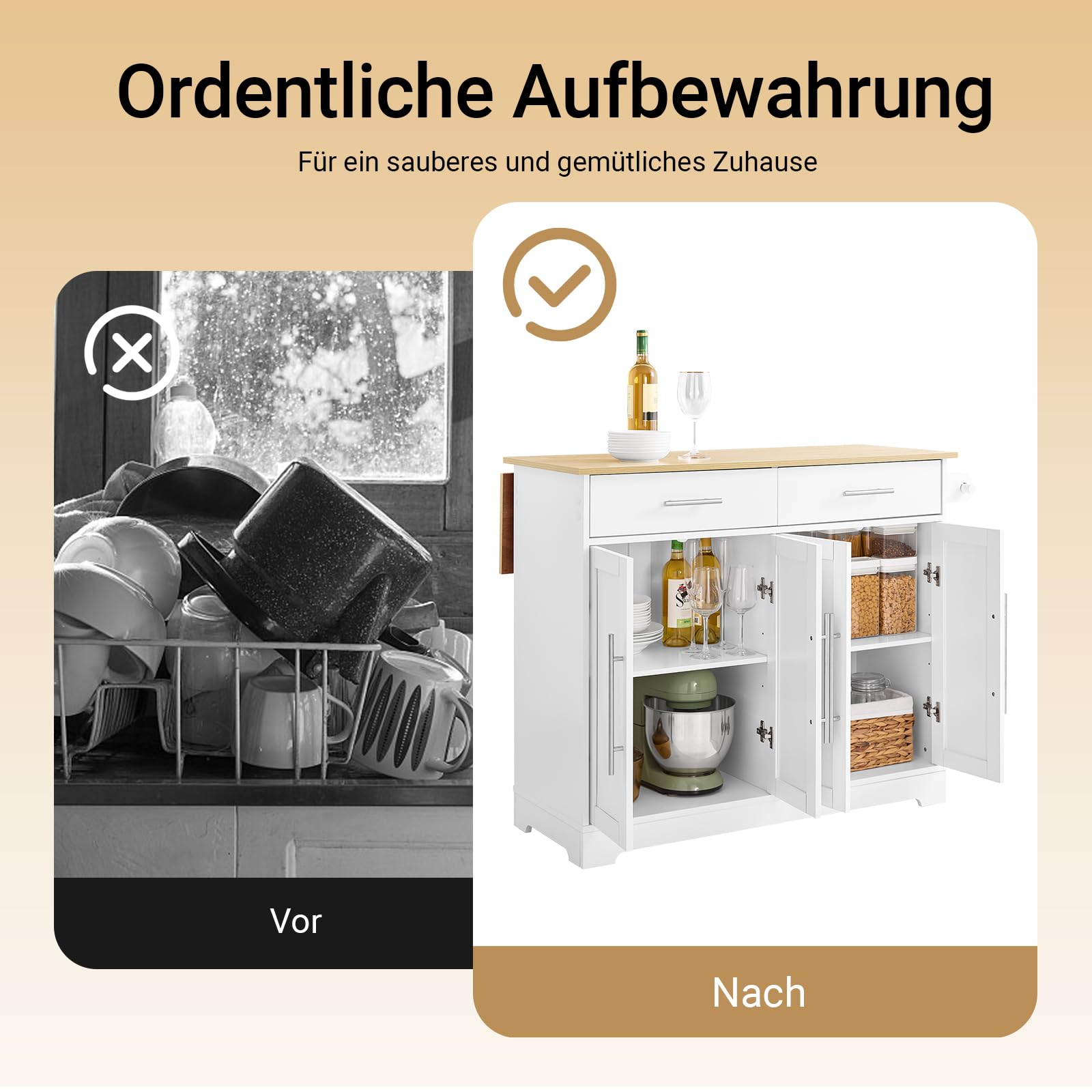 SoBuy Kücheninsel mit Rollen, Servierwagen mit ausziehbarer Arbeitsplatte – platzsparende, freistehende Kücheninsel mit Schubladen für kleine Küchen Weiß 113 x 91 x (44–69) cm FKW129-WN