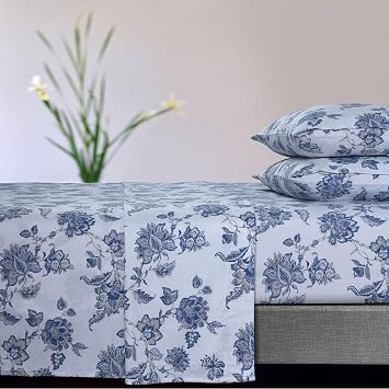 Tribeca Living Ultra-Soft Flannel Sheets King - 170-GSM Cotton, 4 Piece Deep Pocket Bed Sheet Set in Ayana Deep Blue Print
