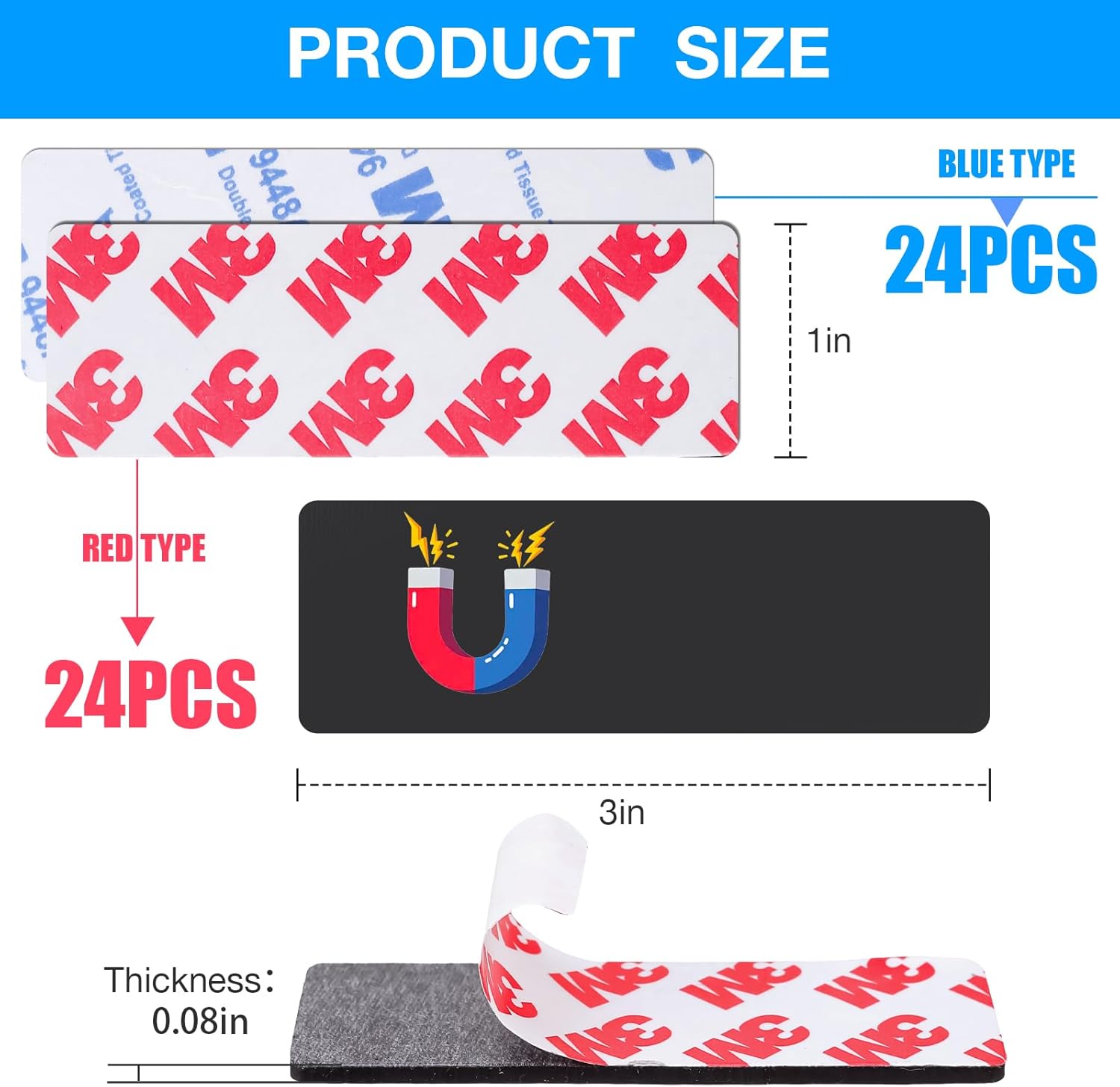 A+B Paired Adhesive Magnetic Tape, Precut (3 in x 1 in x 48 Pack/ 24Pairs) Flexible A B Magnets Strips for DIY Closure Craftings, a b Magnet Match to Use