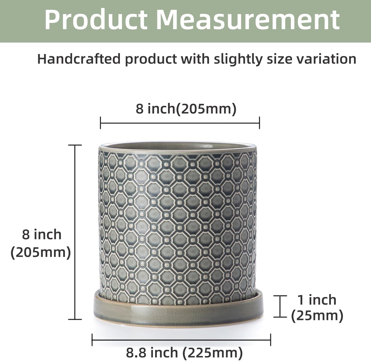 8 Inch Plant Pot: Ceramic Planter with Drainage Hole & Saucer Indoor Outdoor Plants - Cylinder Round Flower Pot for Home Office - Modern Decorative - Medium Grey - Image 2