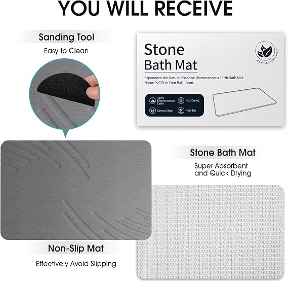 Stone Bath Mat Diatomaceous Earth Shower Mat Non Slip Super Absorbent Grey | Quick Dry Stone Mat, Super Absorbent, Non Slip, Easy Clean, Diatomaceous Earth Bath Mat