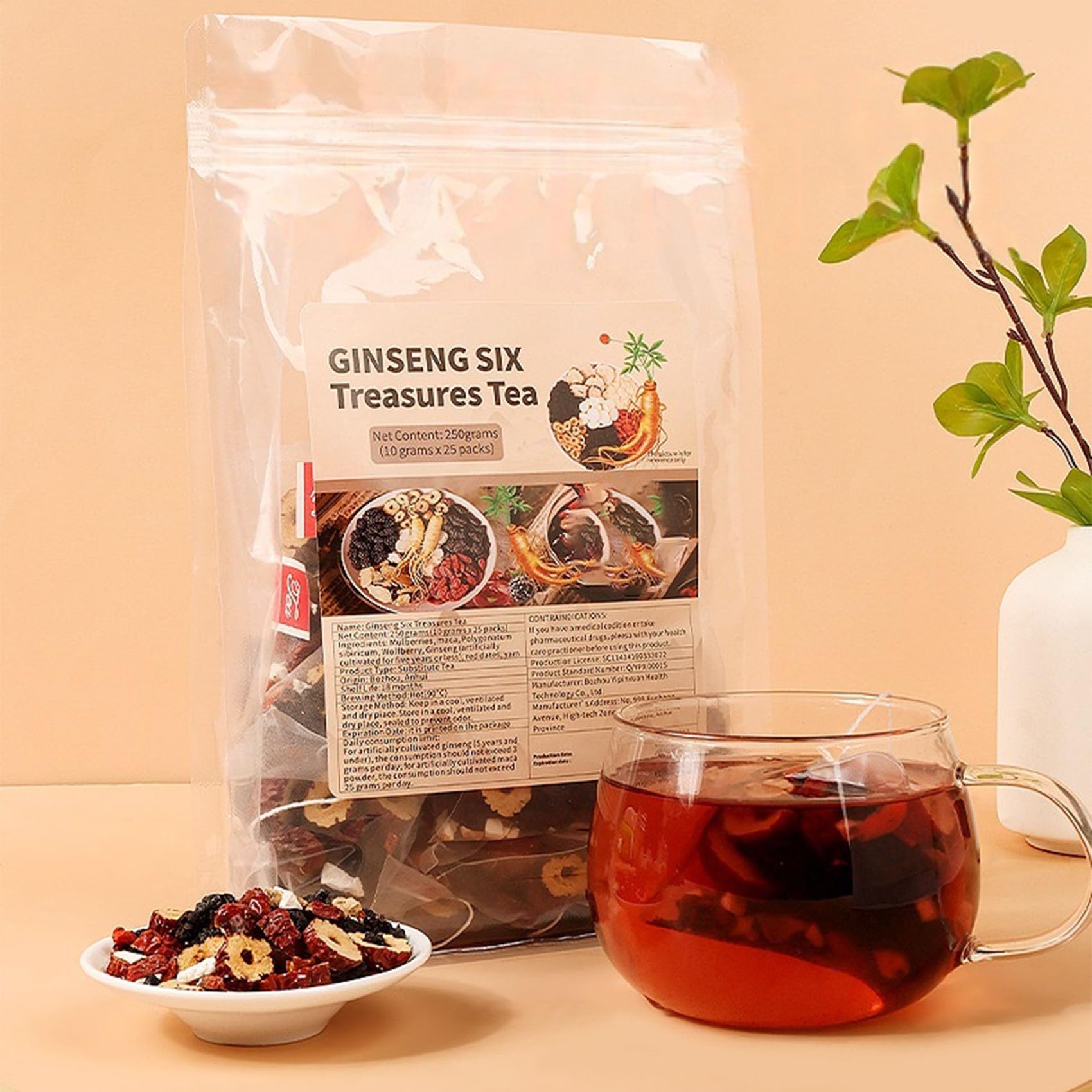 Ginseng Six Treasure Tea, Kidney Tea Formula Ginseng Six Treasure Teas for Daily Wellness, Mulberry, Goji Berry, Red Date | 30 Tea Bags for Men & Women (2 Pack)