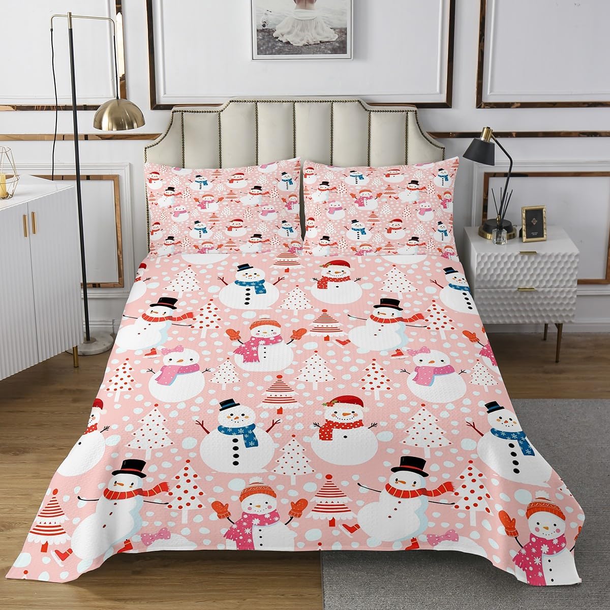 Homewish Cute Snowman Bedding Quilt King Size Cartoon Christmas Tree Bedspread 3Pcs Red White Dots Print Theme Comforter Set for Kids Girls Boys Room Decor Watercolor Pink Coverlet Set,2 Pillowcases