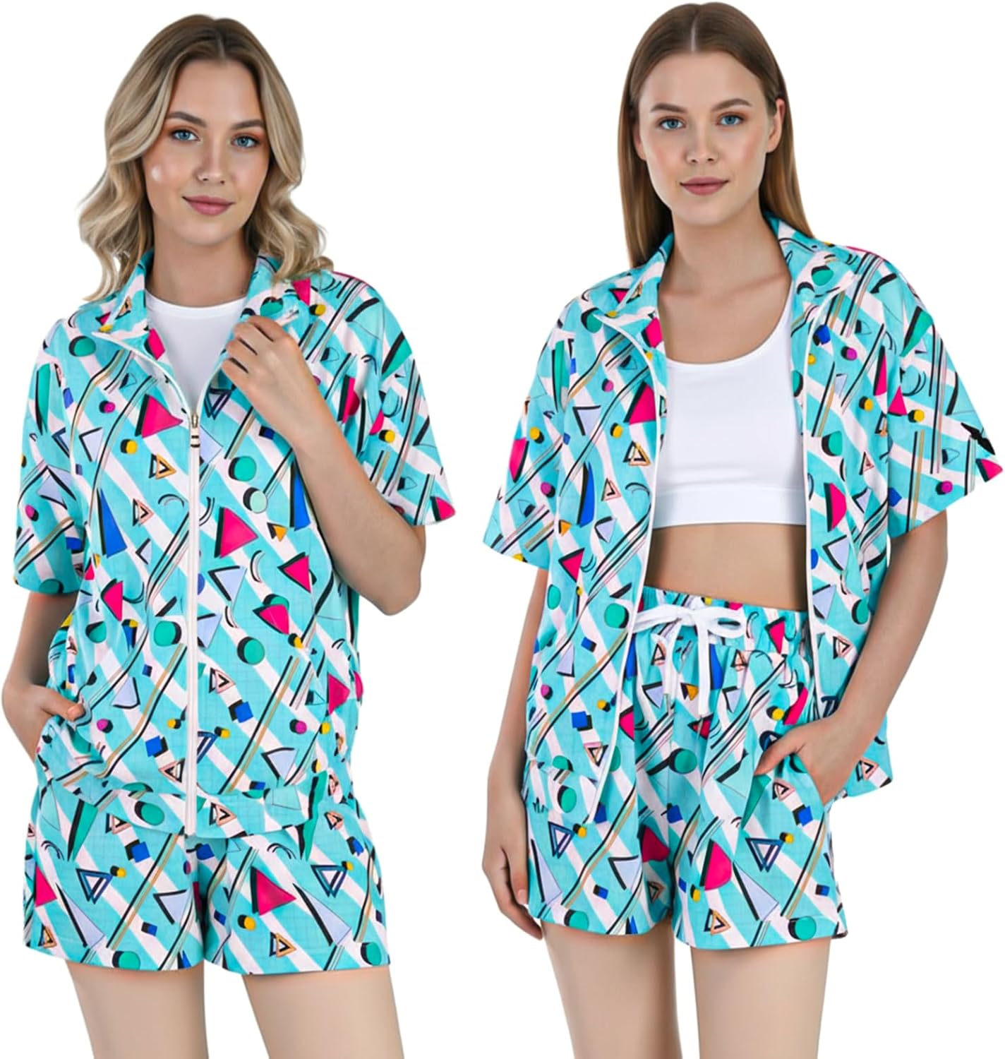 Women's 80s 90s Color Block Outfit 2 Piece Short Sleeve Windbreaker Tracksuit Set Costume Zip Up