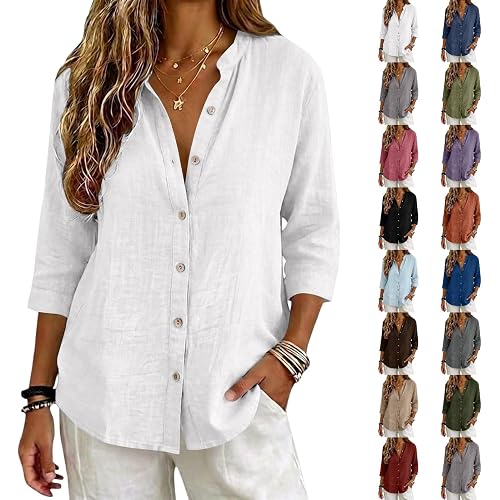 Linen Tops for Women Button Down Summer Gauze Shirts 3/4 Sleeve V Neck Blouses Dressy Casual Loose Fit Tunics