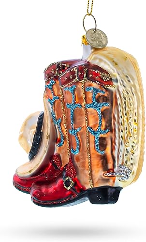 Miniatura 3 de BestPysanky Botas vaqueras occidentales y sombrero de cristal adorno navideño