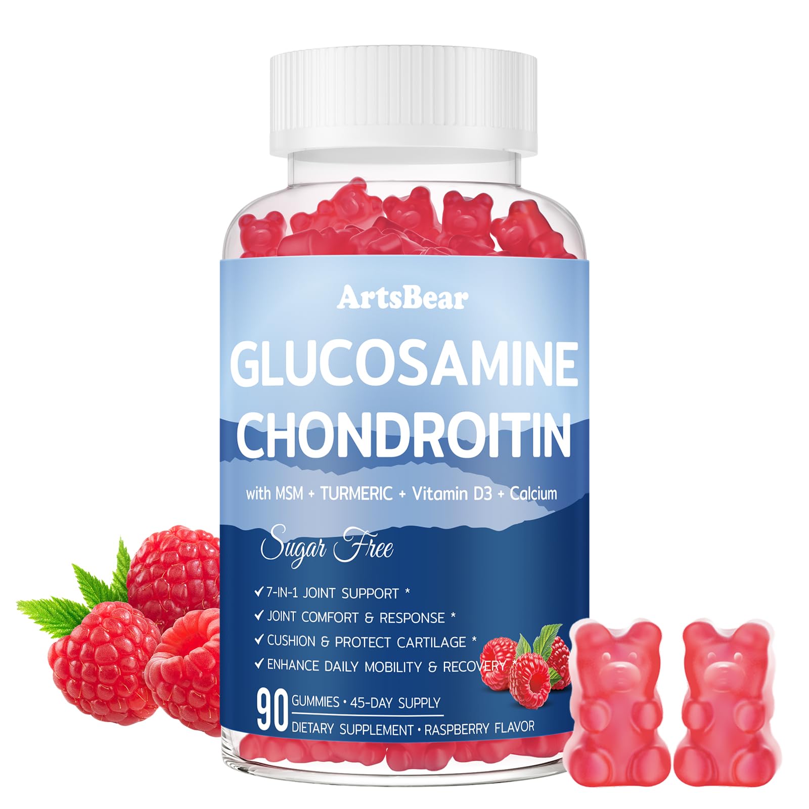 Glucosamine Chondroitin Gummies with MSM, Turmeric, Hyaluronic Acid & Vitamin D3-7-in-1 Joint Support Supplement for Comfort & Mobility - Sugar Free, Vegan, Raspberry Flavor - 90 Gummies Strawberry 90 Count (Pack of 1)