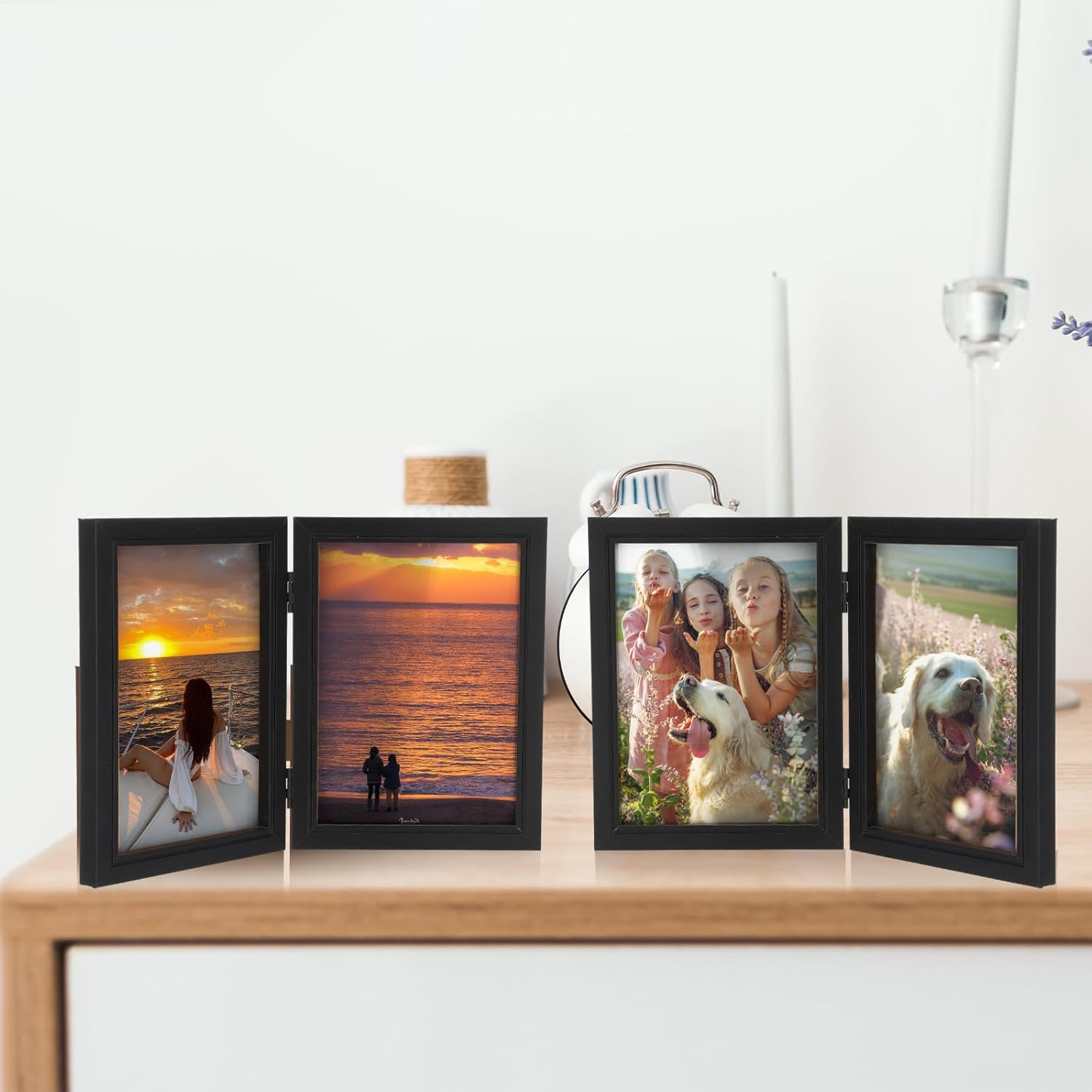 Kigley 4 Pcs 5 x 7 Double Picture Frames Hinged Vertical Double Standing Picture Frames Black 2 Opening Folding Family Frames for School Family Collage Tabletop Displays Decoration