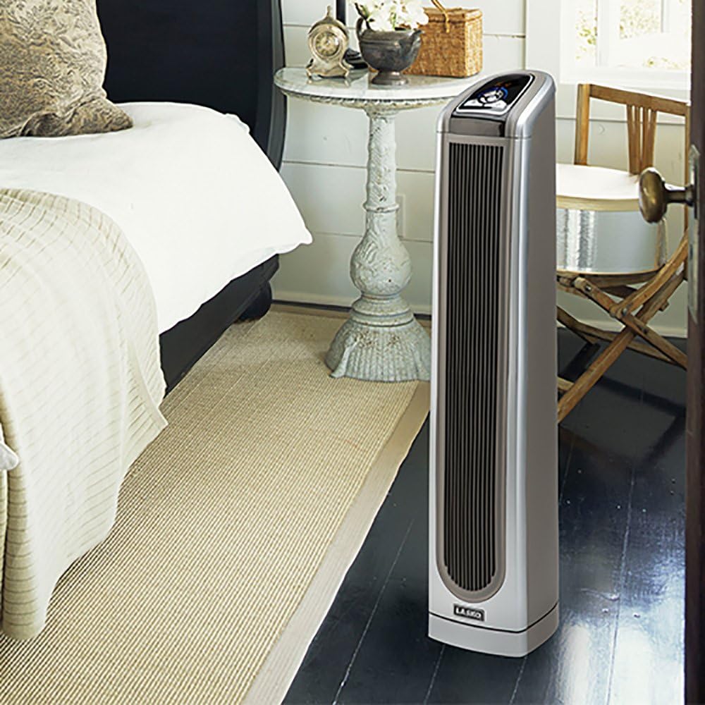 Lasko 5588 Ceramic Tower Heater with Remote, 7.3″L x 9.2″W x 34″H, Biege and Silver