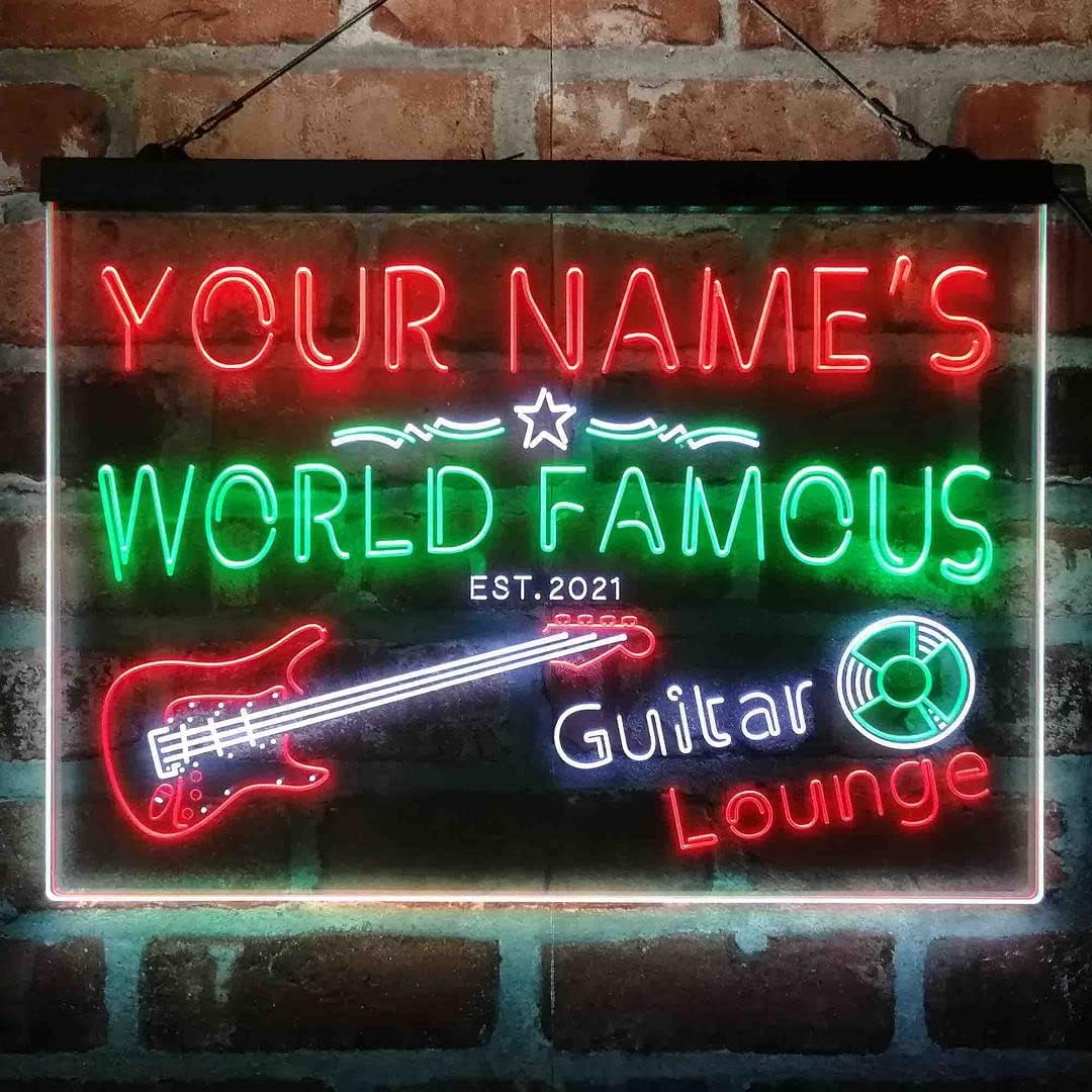 Personalized Guitar Lounge Music Tri-Color LED Neon Light Sign Customize Name Date Text Quote Font White & Green & Red 23.6 x 17.1 Inches st9s64-pf1-tm-wgr