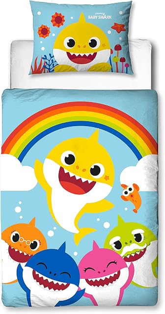 Character World Baby Shark Toddler Cot Bed Duvet Cover Officially Licensed | Reversible 2 Sided Rainbow Design with Matching Pillowcase, Polycotton
