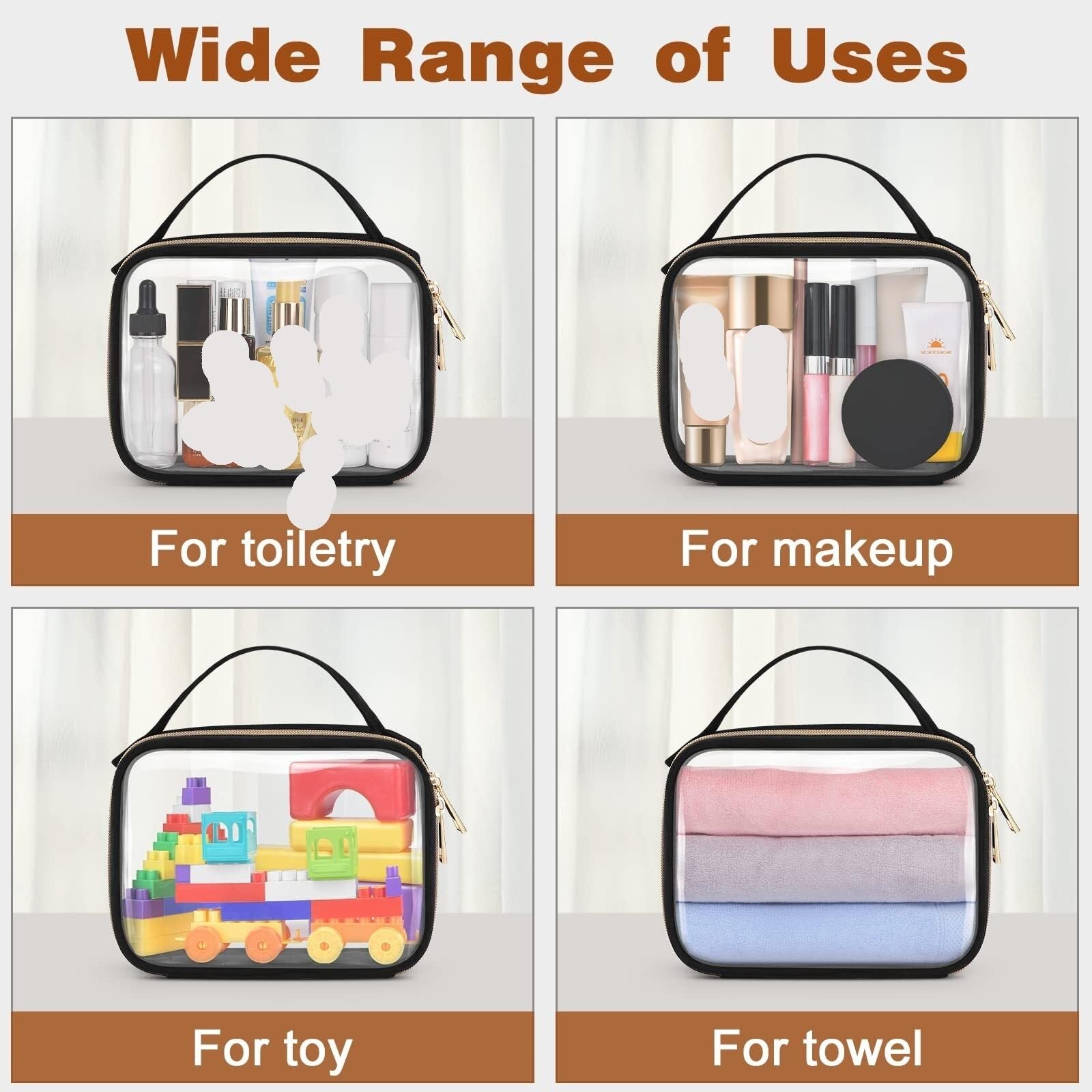Porta Trucchi Pochette Trucchi Borsa Da Toilette Borsa Cosmetica Trasparente Con Manico Borsa Da Toilette Trasparente Trousse Trucchi Donna(Black,20cm-3)