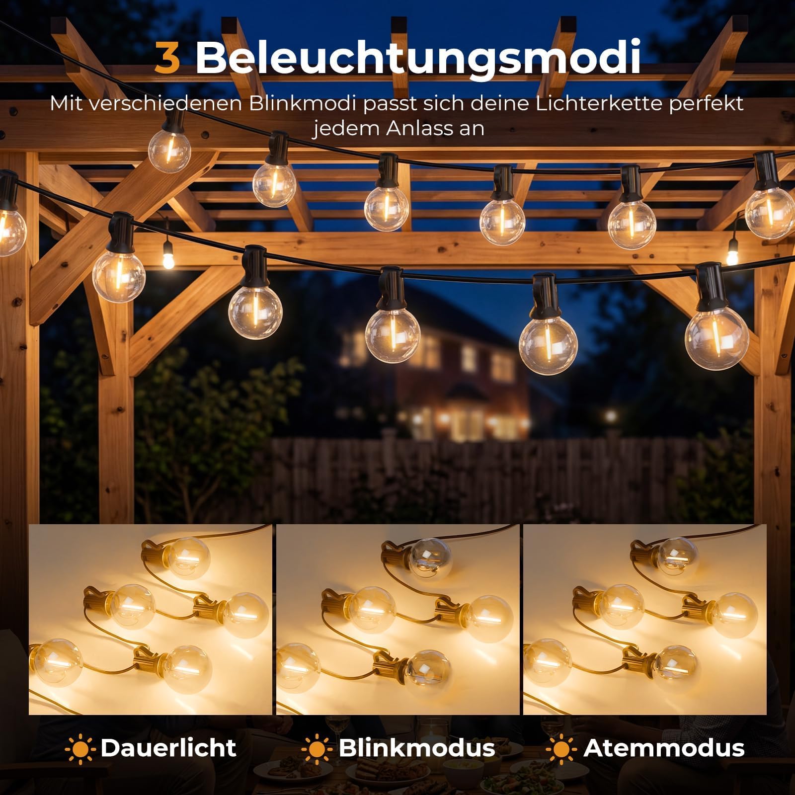 litogo Lichterkette Außen mit Fernbedienung, 15M LED Outdoor Lichterkette Strom mit Dimmbar & Timer, Wetterfest Lichterketten G40 Glühbirnen für Balkon Garten Party Pavillon Terrasse, Warmweiß