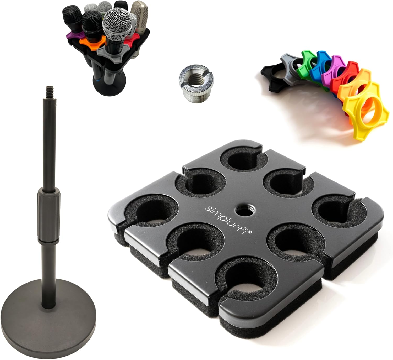 Multi Microphone Holder with desktop Mic Stand – Square Tray Attachment holds up to 8 mics On Stage Organizer and Display – 8 Anti-roll Rings Included