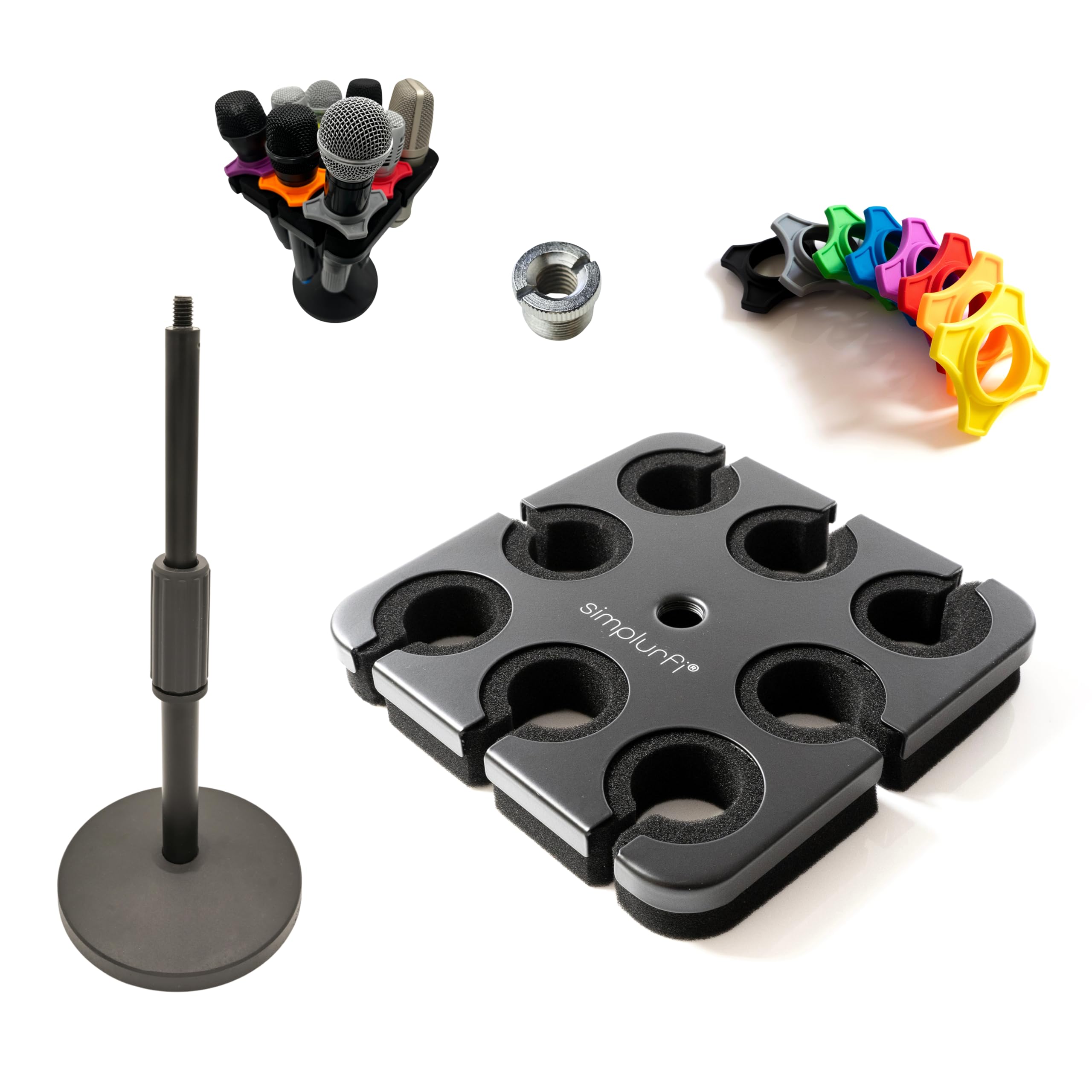 Supporto per microfono multi con supporto per microfono da scrivania, vassoio quadrato per contenere fino a 8 microfoni sul palco, organizer e display - 8 anelli anti-rollio inclusi