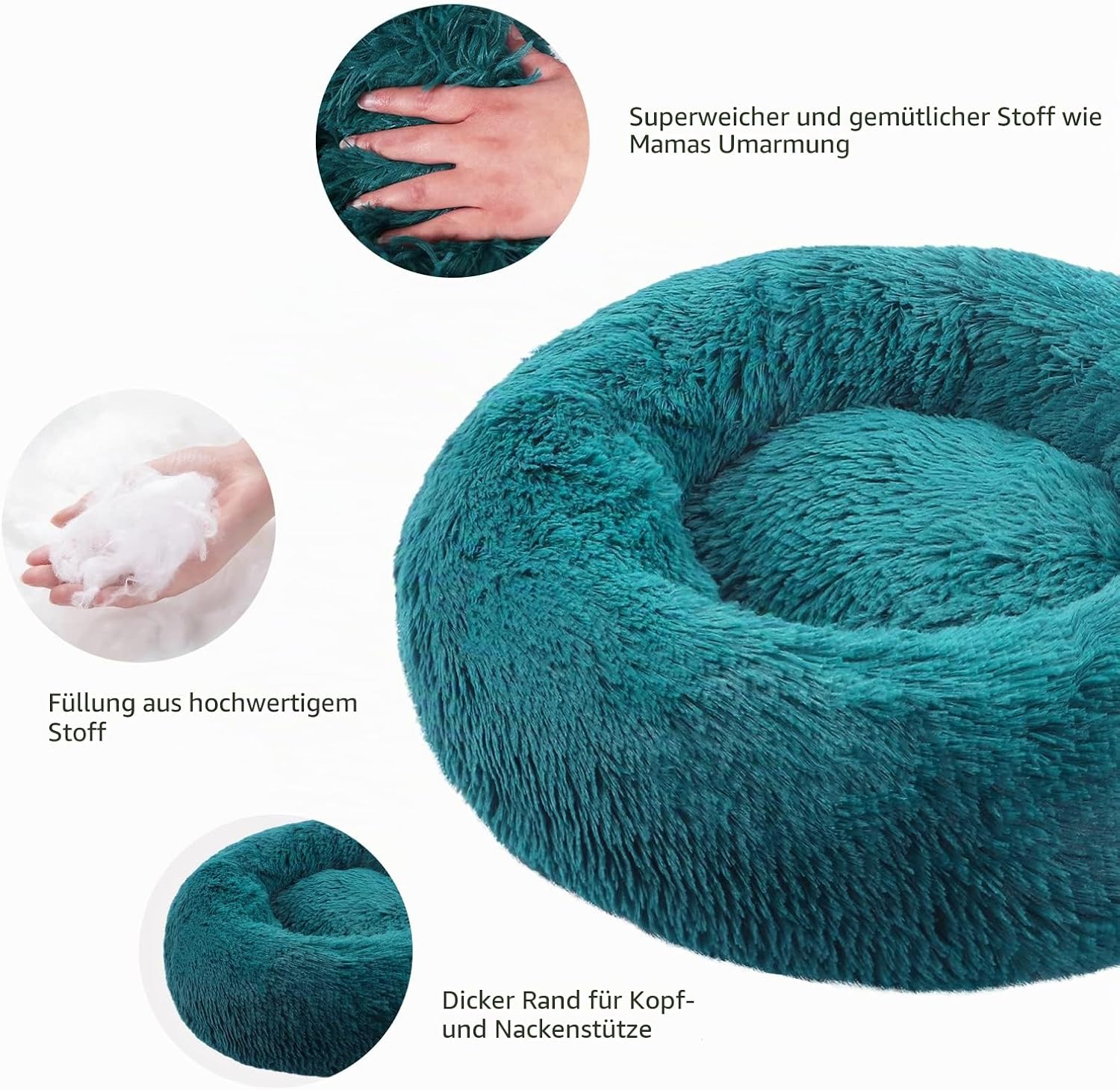 BVAGSS Dog Bed, Round Cat Bed, Fluffy Doughnut Cuddly Dog Cushion, Washable, Ultra Soft Plush Pet Bed for Small, Medium and Large Dogs, Cats, XH034 (Diameter: 50 cm, Cyan) L 50 x B 50 x H 15 cm cyan
