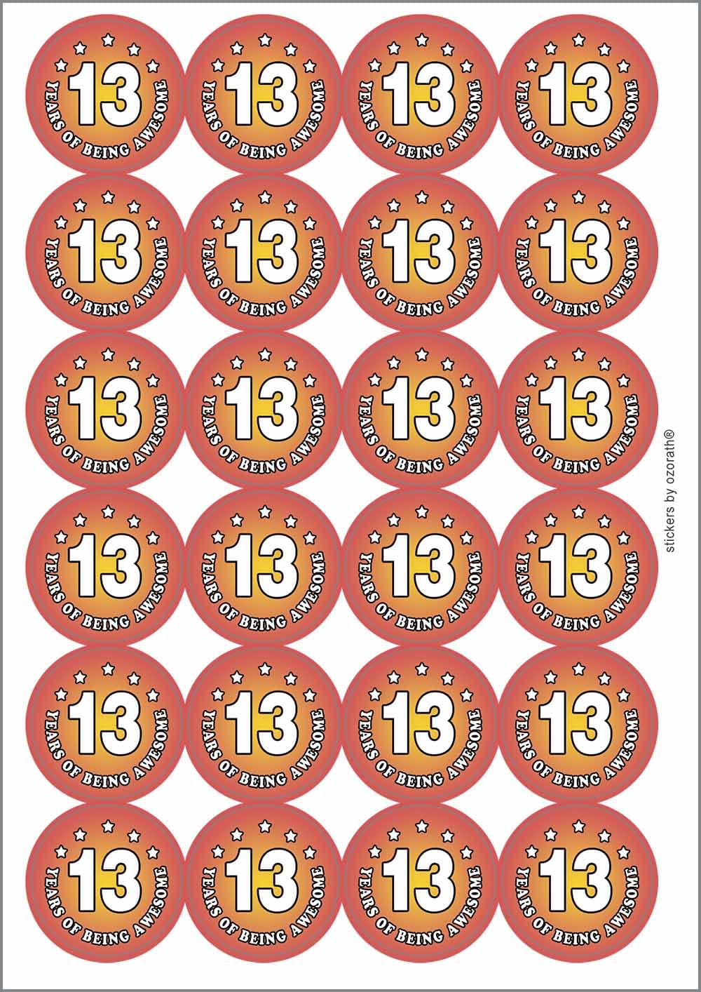 Thirteen 13 Years of Being Awesome Circular Matt Paper Stickers A4 Sheet of 24 (Each Sticker is 45mm Diameter)