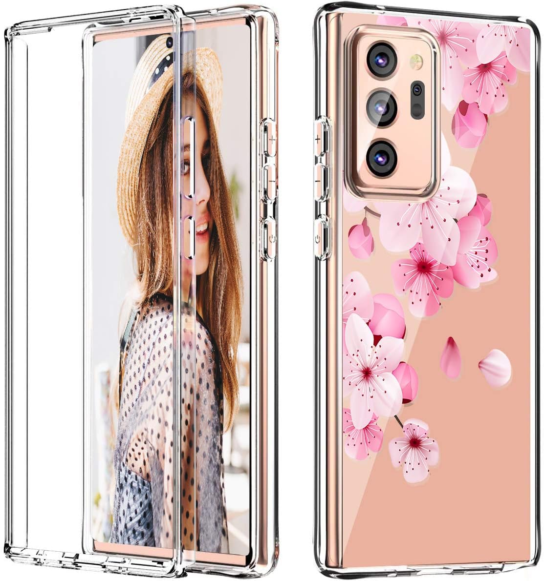 Galaxy Note 20 Ultra Case, iDLike Clear Floral Flower Cute Design Dual Layer Protective Shockproof Phone Case Cover for Samsung Galaxy Note 20 Ultra 6.9" 2020,Pink/Cherry