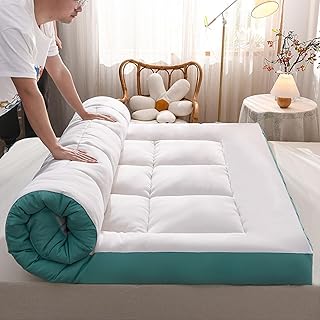 Colchón de futón extra grueso de 10 cm, plegable, japonés, para cama de invitados, suave y transpirable, alivio del dolor, color blanco y verde, 120 x 200 cm