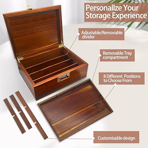 Miniatura 3 de Caja de almacenamiento grande de madera de acacia con tapa con bisagras y cerradura de combinación, cajas decorativas con bandeja extraíble, caja de