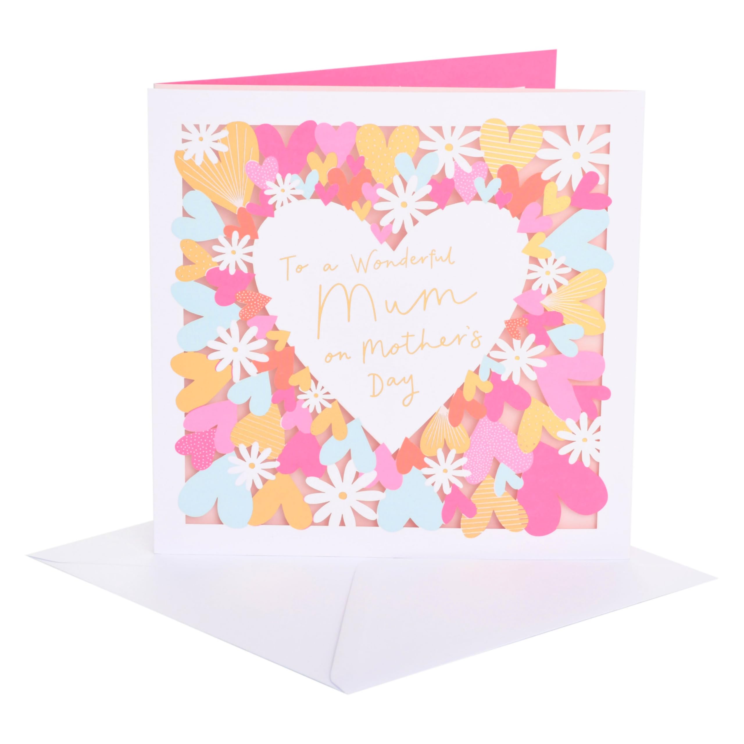 UK Greetings | Mother's Day Card for Mum | Card for Mum, Grandma, Wife | Her, Girls, Women | Laser Hearts and Daisies Design | With Envelope | 18.6 x 18.6 cm