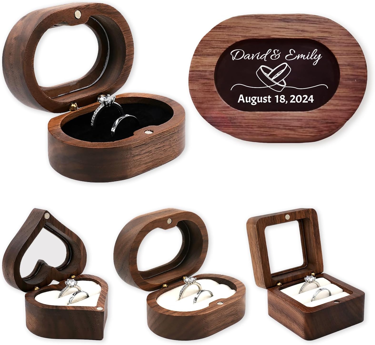 Velba Custom Engraved Ring Box, Personalized Wooden Ring Box with Name/Date/Design for Proposal Wedding Engagement (Oval window cover)