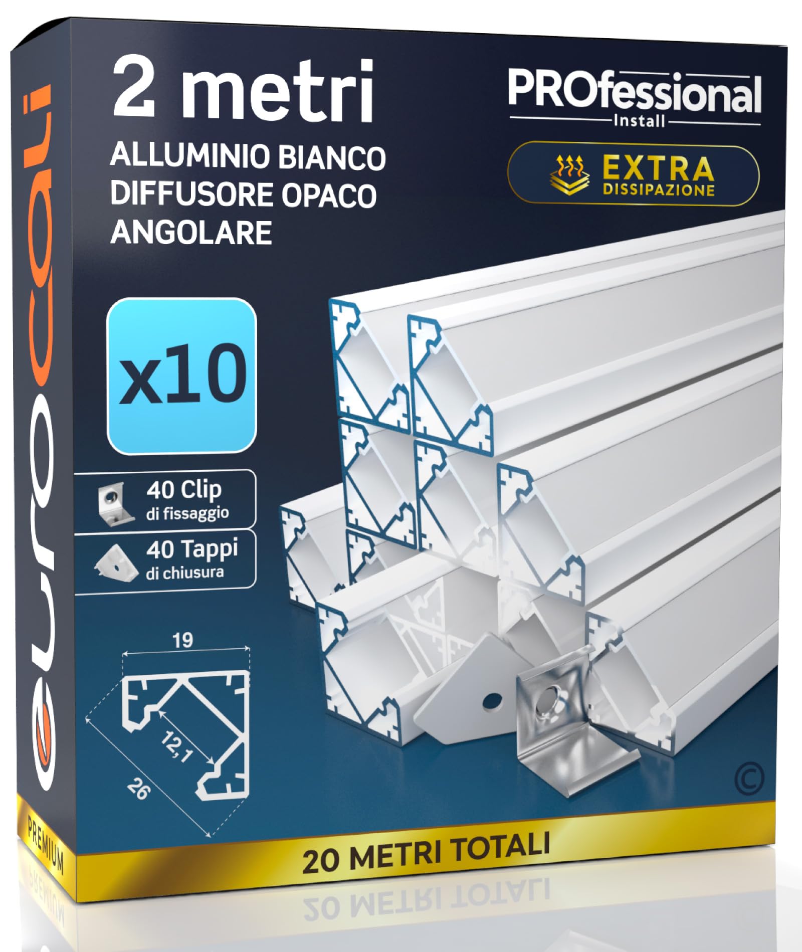 Eurocali 10x Profili Angolari da 2 metri (20mt) in Alluminio Bianco per Strisce LED Copertura Opaca largh max striscia led 12.1mm - 19 x 19