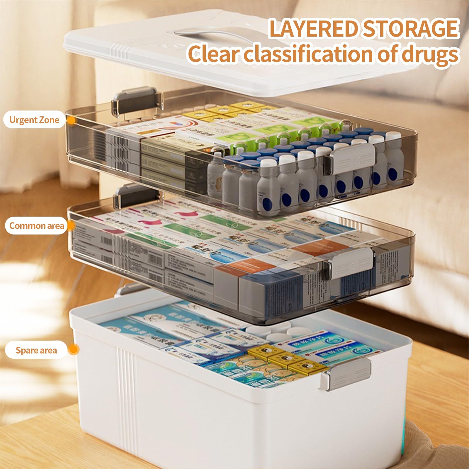 Boîte à pharmacie à 3 étages, Medicaments Rangement Portable Boîte à Pharmacie en Plastique Transparent Visible avec Poignées pour Votre Médecine Domestique 34×25×22 cm