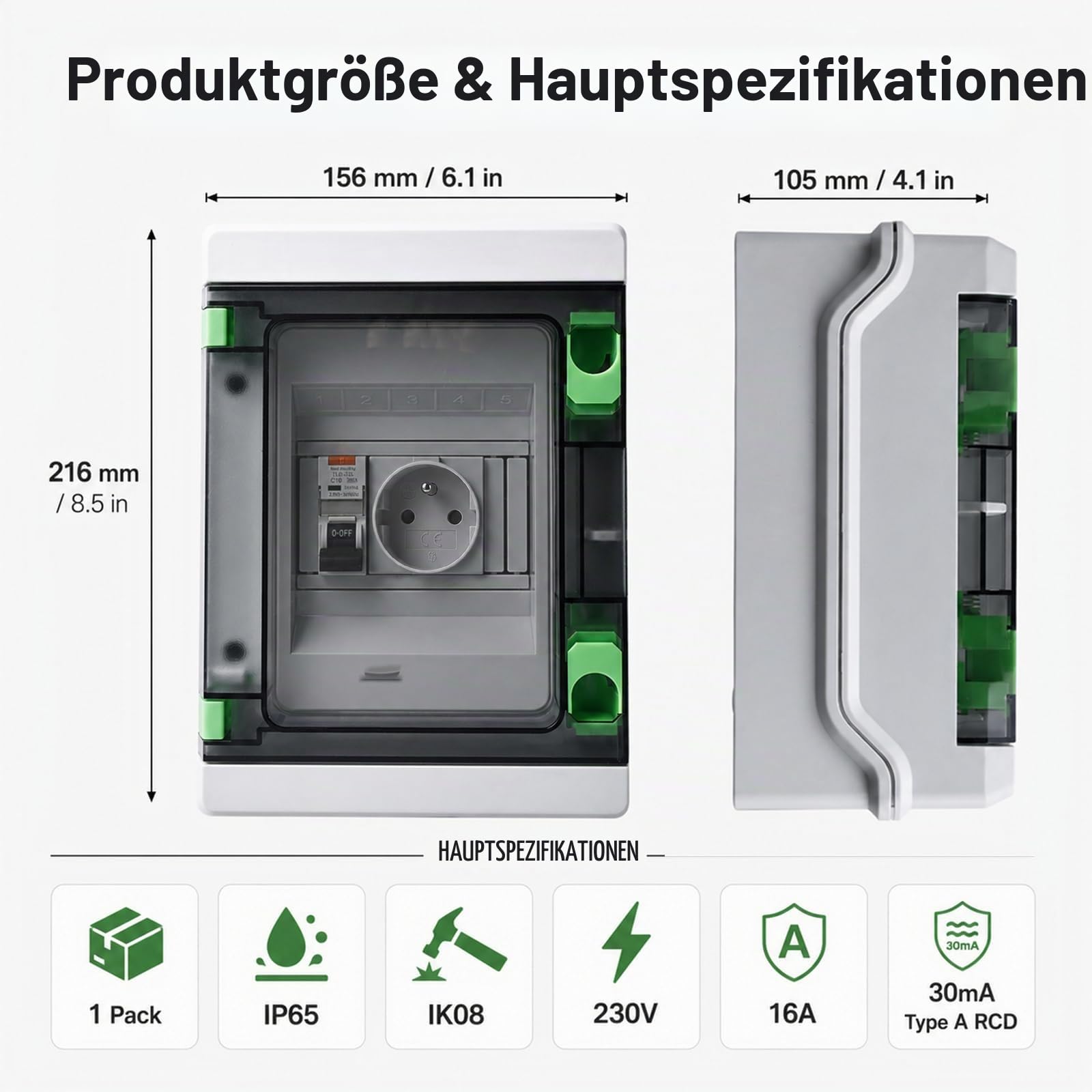 Schuko Steckdose mit Fi Schutzschalter im Sicherungskasten Aufputz IP65, Wasserfester Wandverteiler Komplett mit 16 Ampere Steckdose 230V und FI 16A Typ A 30mA für den Innen- und Außenbereich