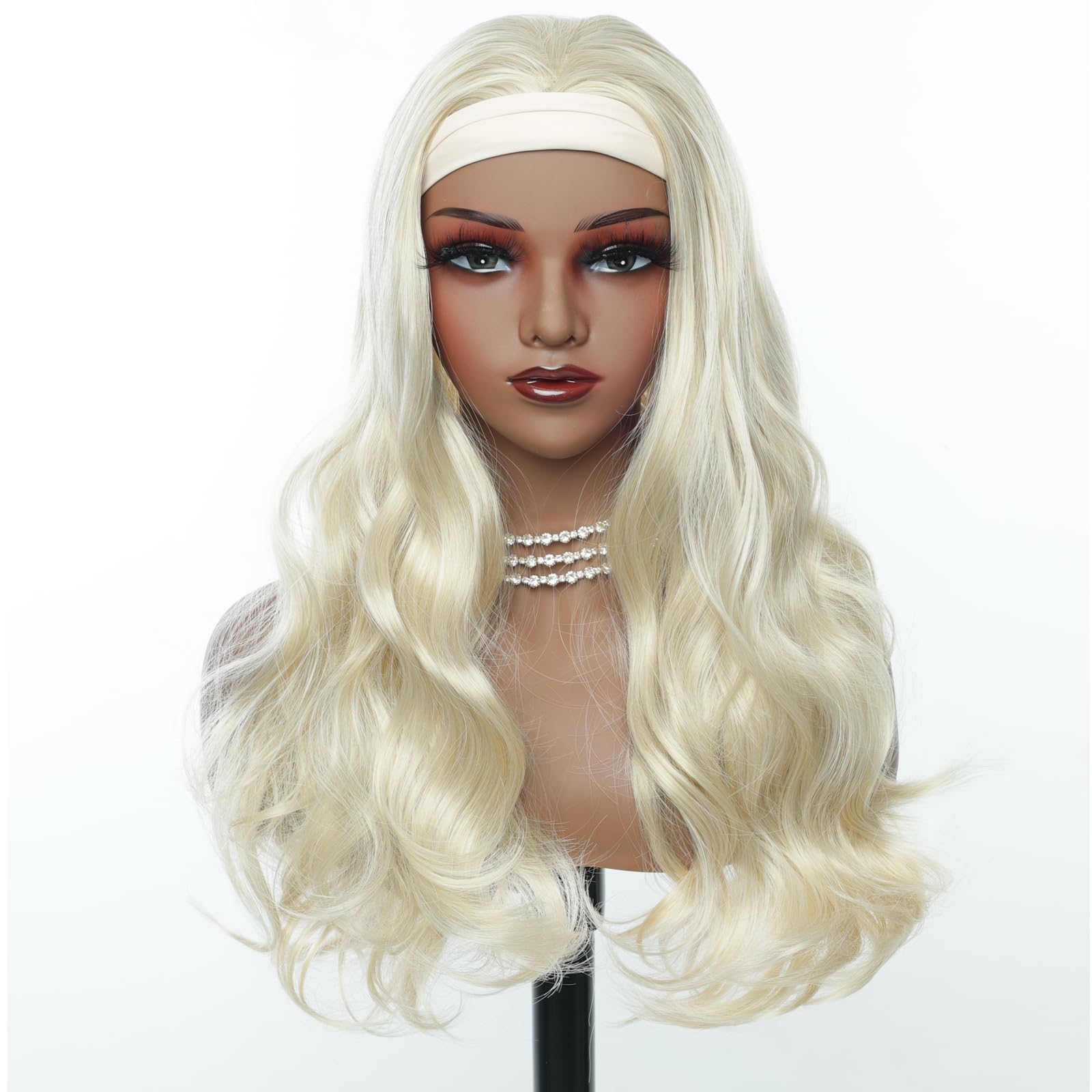 Creamily Long Body Wave Headband Wig, 26 Inch Synthetic Loose Body Wavy Platinum Blonde Headband Wig for Women