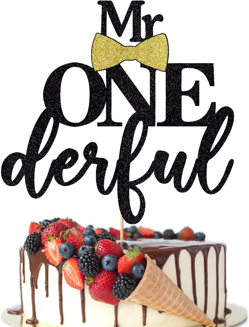 Crseniny Mr Onederful Cake Topper ,Baby Boy 1st Birthday Cake Topper, Bow Tie First Birthday Boy Baby Shower Party Cake Decorations Supplies (Black Glitter)