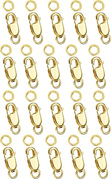 Kcctoo Silver Lobster Claw Clasp with Closed Jump Rings 14K Gold Necklace Clasps and Closures for Jewelry Making, Made in Italy 12mm(0.47inch) (20pcs Gold)