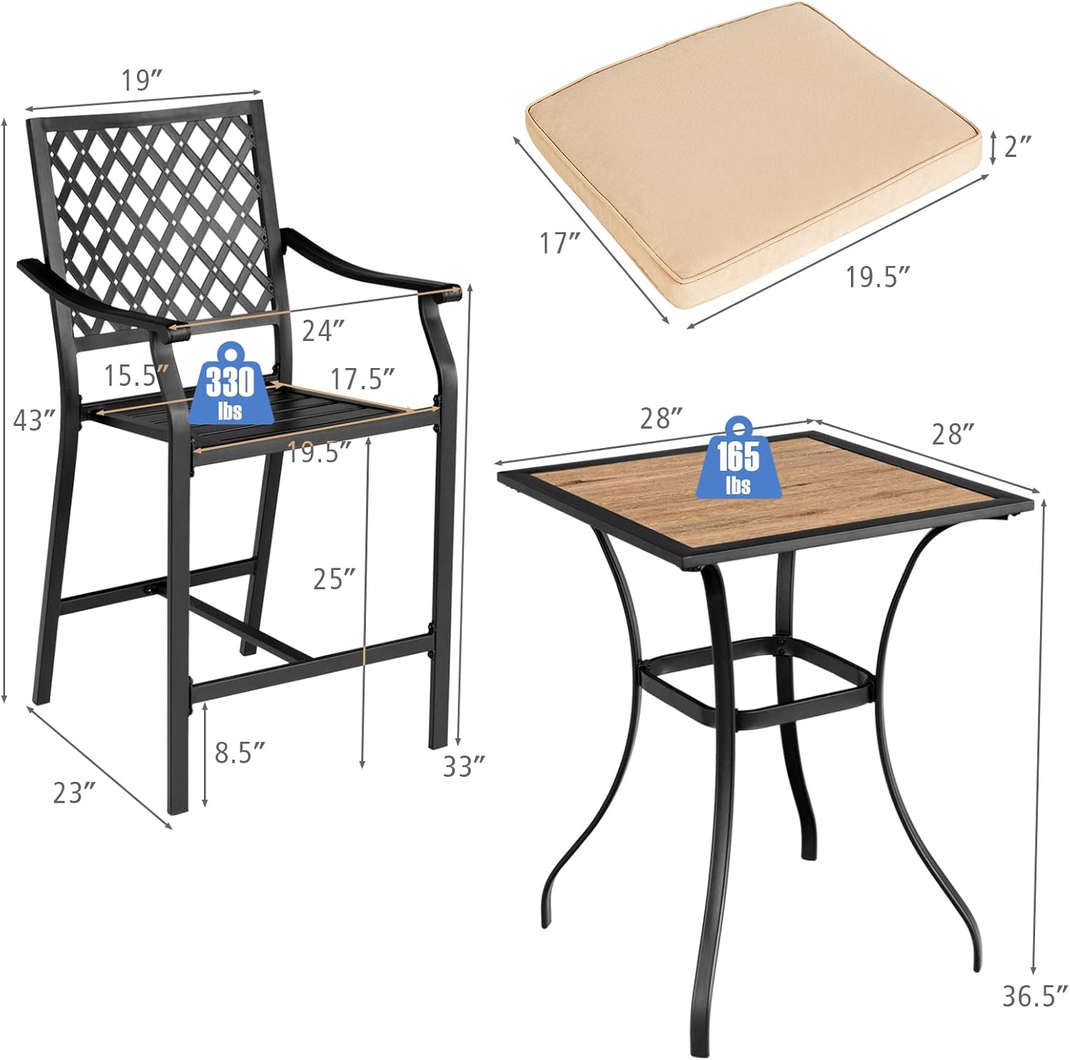Giantex Set of 2 Patio Bar Chairs Outdoor High Chairs with Cushion Metal Bistro Stool All Weather Patio Dining Chairs Garden Backyard Porch Lawn Poolside