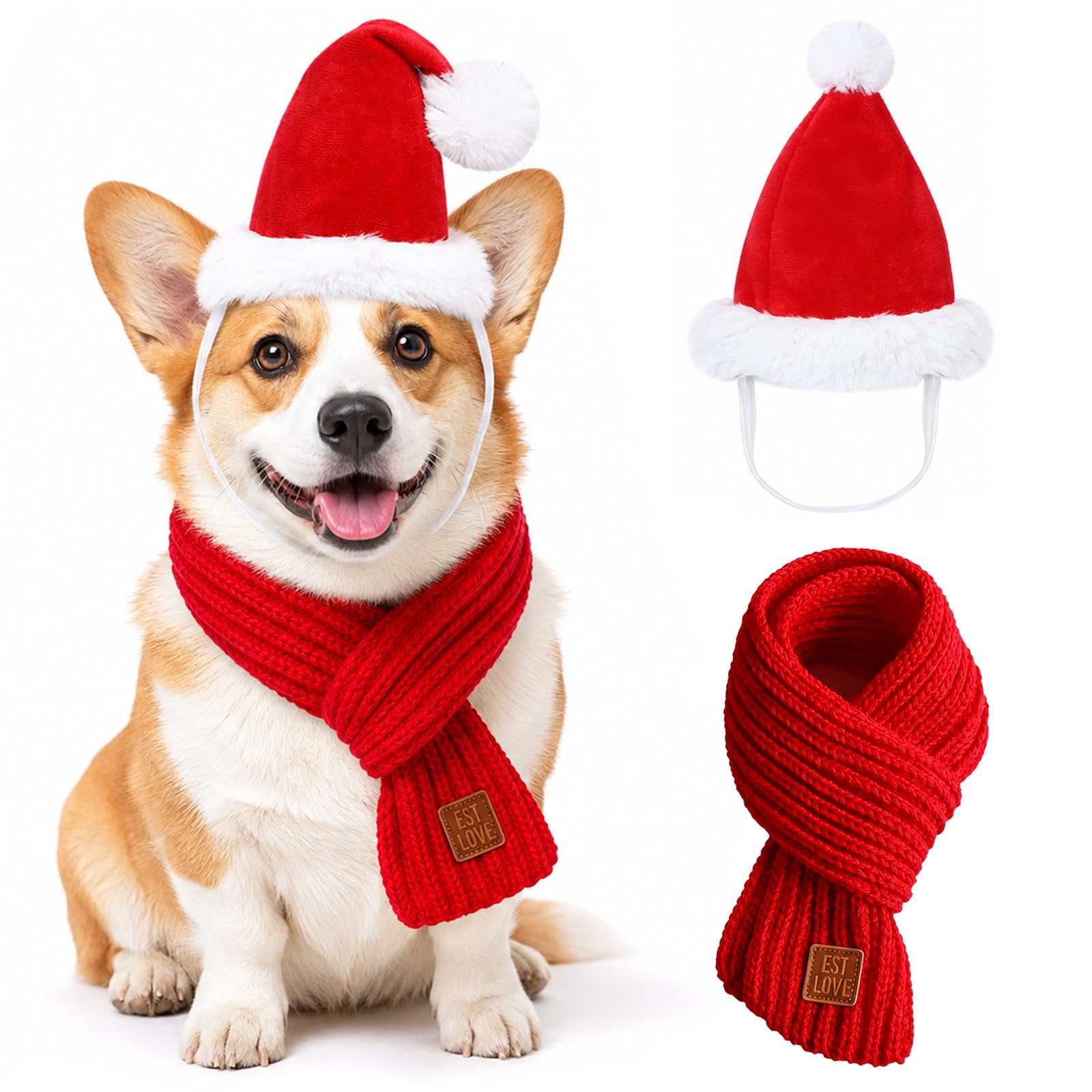 2Pcs Dog Christmas Outfit, Elastic Dog Cat Christmas Hat,39" Dog Xmas Scarf