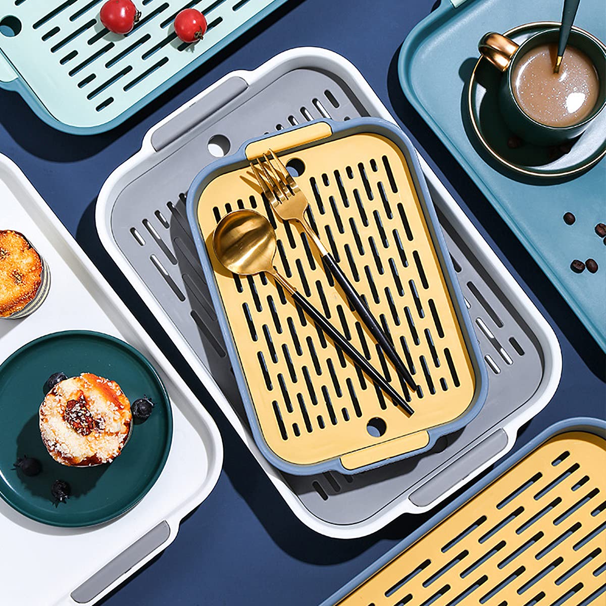 Bandeja rectangular de plástico para servir con doble drenaje, antideslizante, bandeja para desayuno en la cama, bandeja de mesa de café, color azul, 36,5 x 24,5 x 4,9 cm, perfecta para fiestas y uso