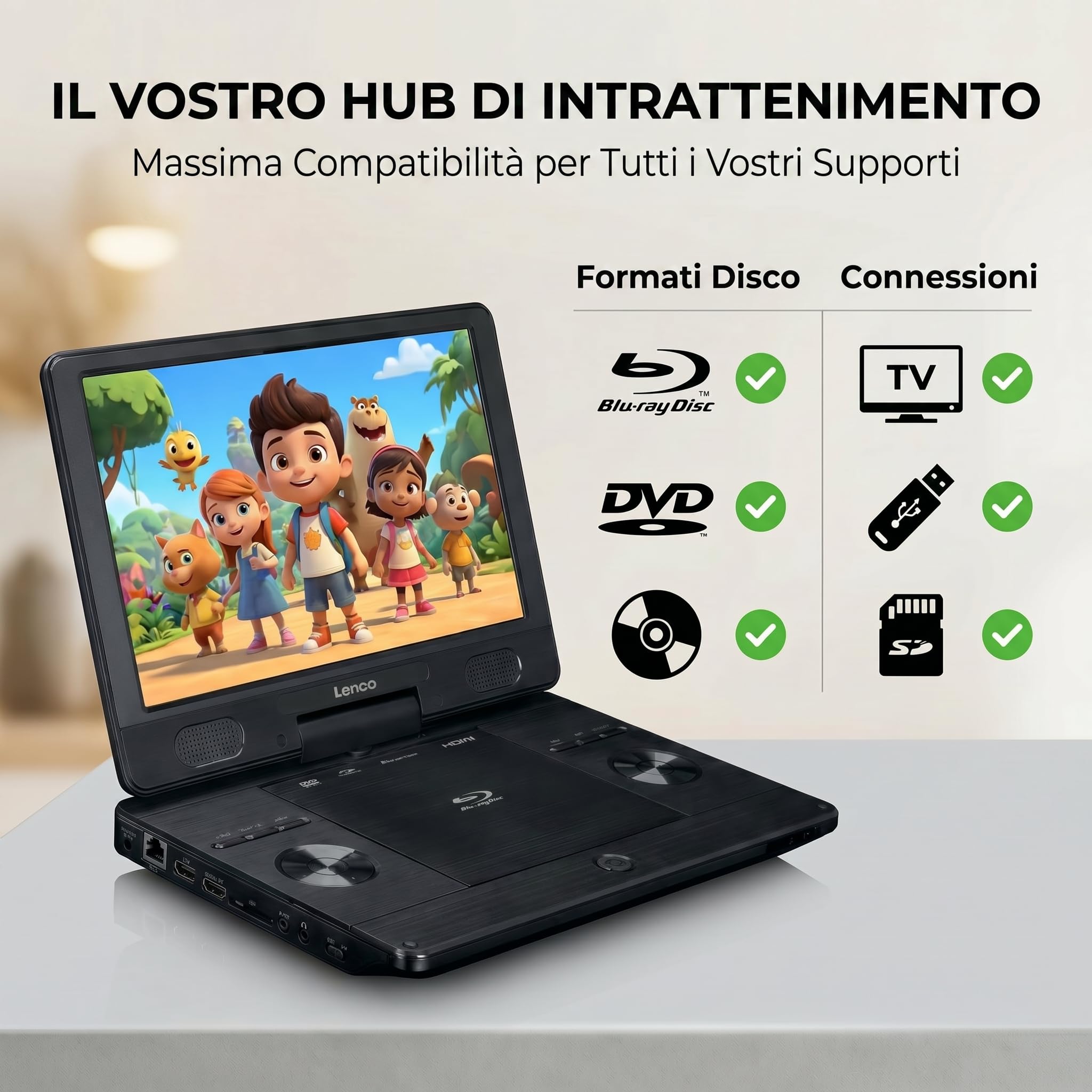 Lenco BRP-1150 Lettore DVD portatile Blu-Ray Schermo TFT 11,5" 1024x600 Pixel Batteria integrata Nero