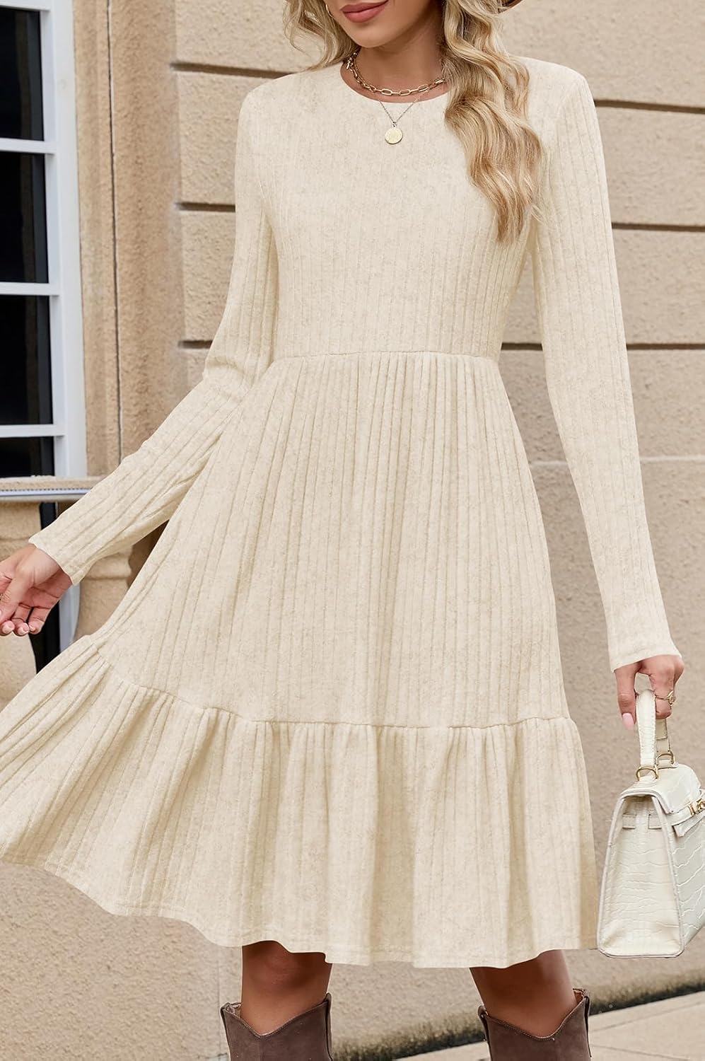 Naggoo Women's Long Sleeve Ruffle Dress Casual Crew Neck Tunic A-Line Babydoll Sweater Dresses with Pockets - Image 5