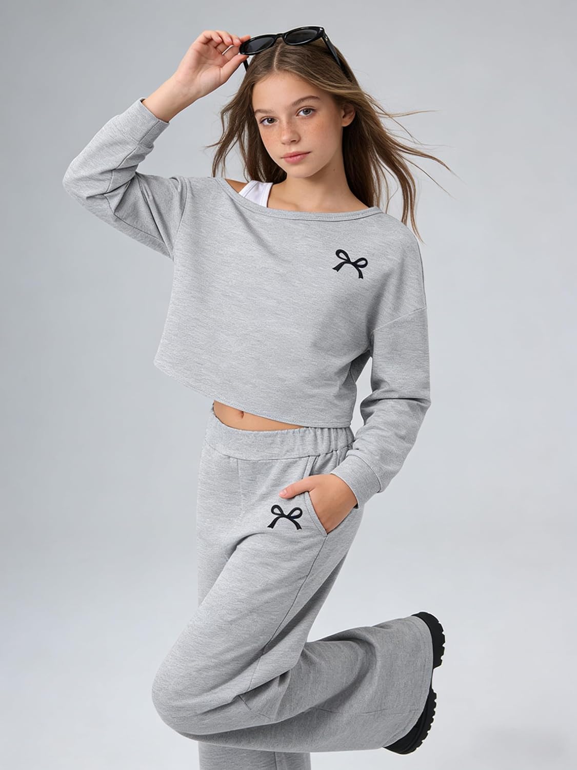 Girls Clothes Off Shoulder Sweatshirt & Wide Leg Sweatpants Set 2 Piece Fall Sweatsuit Outfit with Pockets Size 7-16