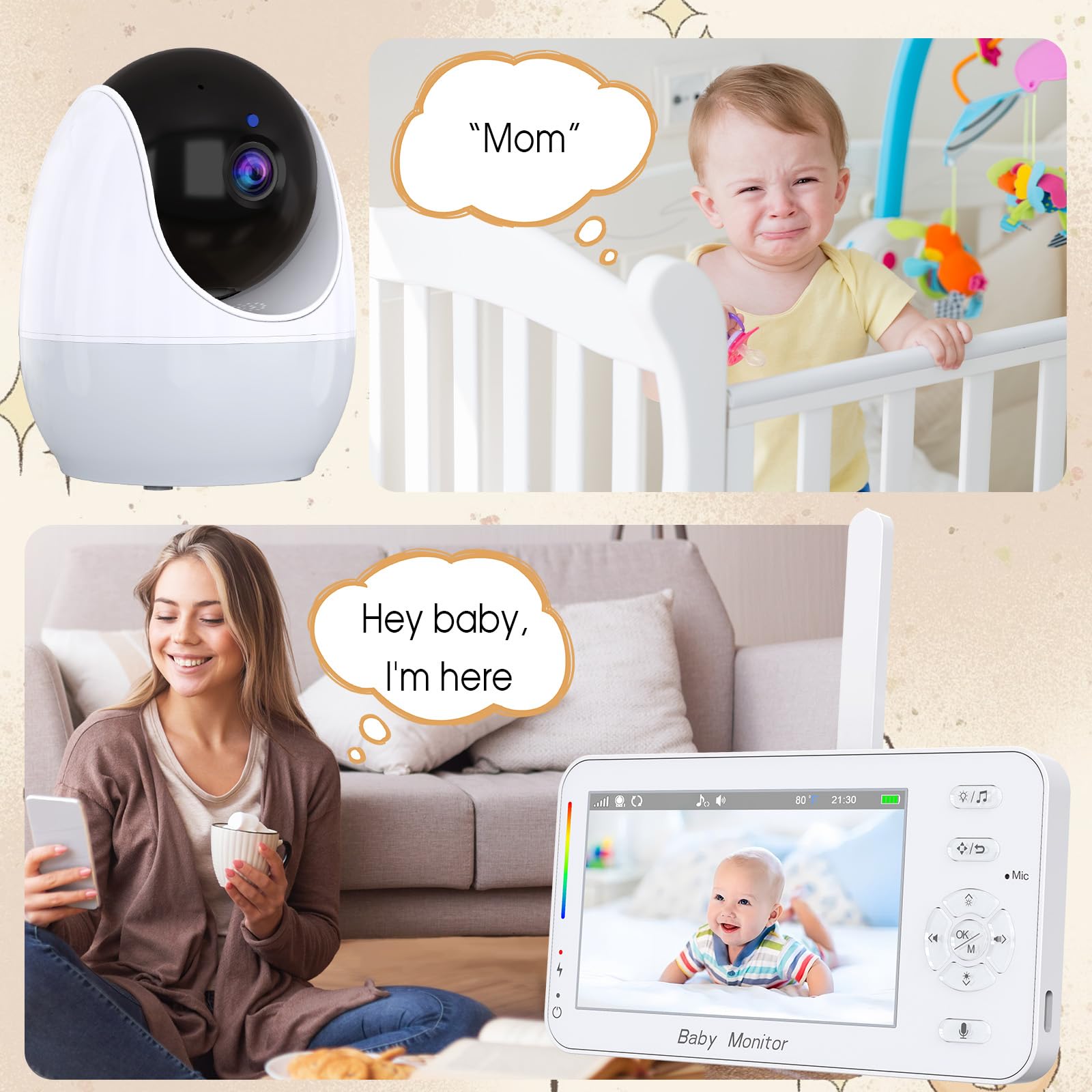 Babyphone con fotocamera e app, monitor da 4,3" con zoom, visione notturna, pianto/movimento/rilevazione del rumore/ninna