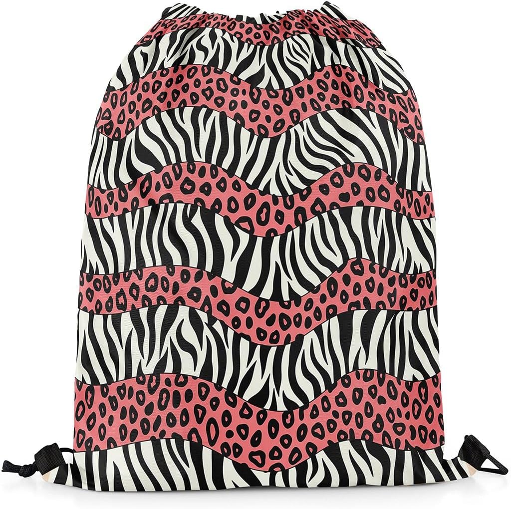 Feelyou Leopard Print Drawstring Backpack Horizontal Stripes String Sackpack Zebra Stripe Sport Storage Bag for Gym Traveling Red Waterproof Cinch Bags