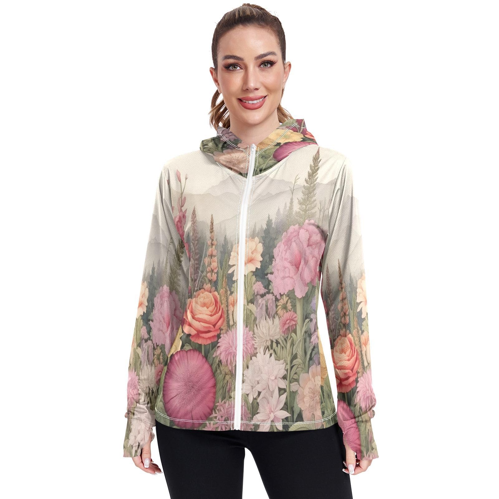 Kigai Flower Women's UPF 50+ Sun Protection Hoodie Jacket with Pocket Zip Long Sleeve Sun Shirt for Gardening Hiking Outdoor