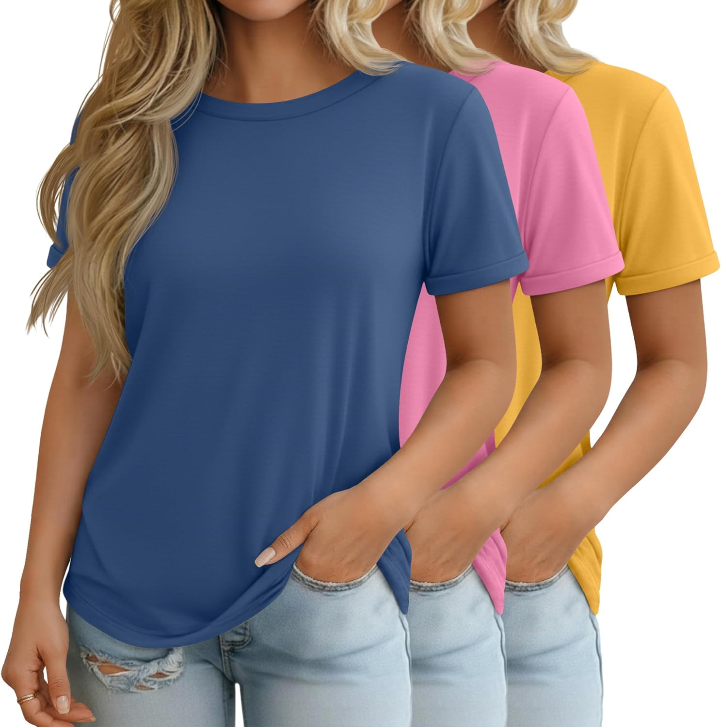3 Pack Women's Short Sleeve T-Shirts Casual Crewneck Tops Basic Loose Fit Rolled Sleeve Tees Summer Plain Shirts