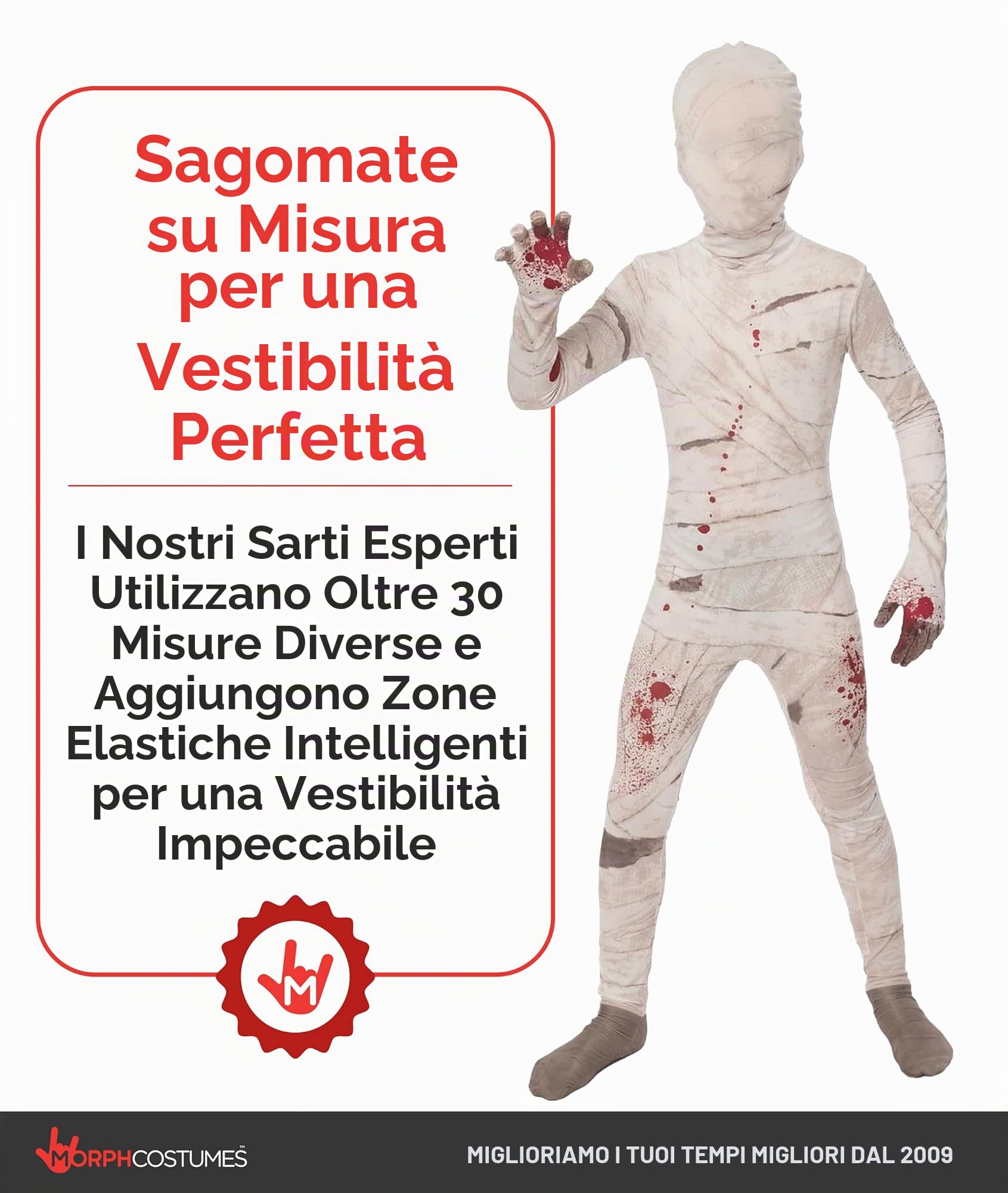 Moprhsuits - Costume mummia bambino, mummia bambino, mummia da bambino, costume da mummia per bambini, costume da mummia per bambini, travestimento di Halloween mummia, costume da bambino, taglia S, | Maglia, Pantaloni & Cappuccio, Stampa a Bende Bianche,