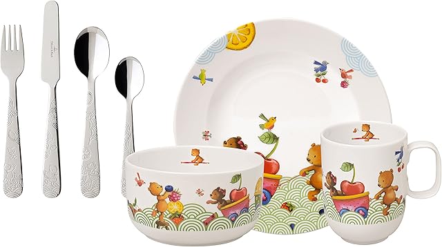 Villeroy & Boch Hungry as a Bear Children's Table Set, 7-Pieces, Premium Porcelain/Stainless Steel, White/Coloured